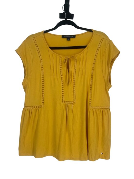 Tommy Hilfiger Tops - Tommy Hilfiger Blouse Large Mustard Yellow Peplum Crochet Lace Knit Boho NWOT